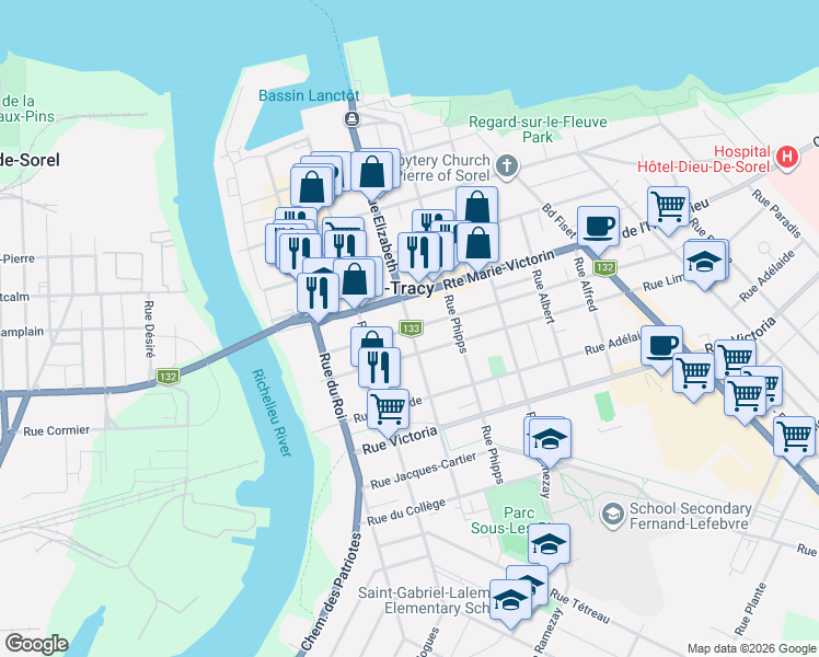 map of restaurants, bars, coffee shops, grocery stores, and more near 91 Rue Provost in Sorel-Tracy