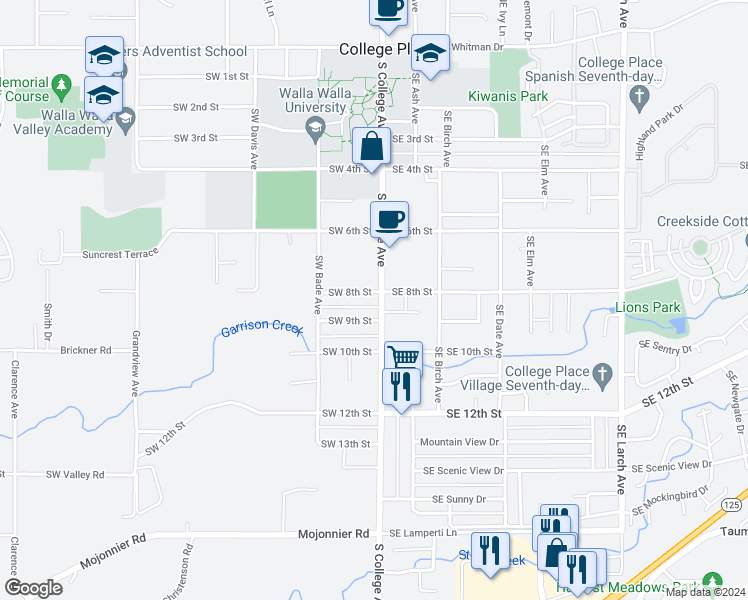 map of restaurants, bars, coffee shops, grocery stores, and more near 714 South College Avenue in College Place