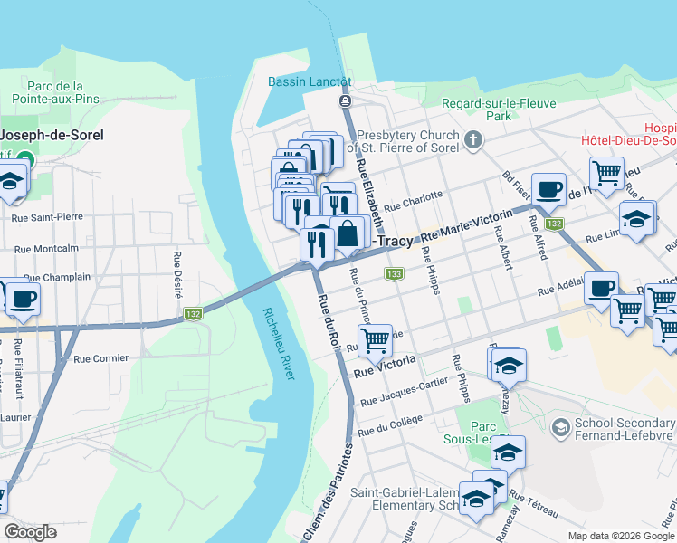 map of restaurants, bars, coffee shops, grocery stores, and more near 42 Avenue de l'Hôtel-Dieu in Sorel-Tracy