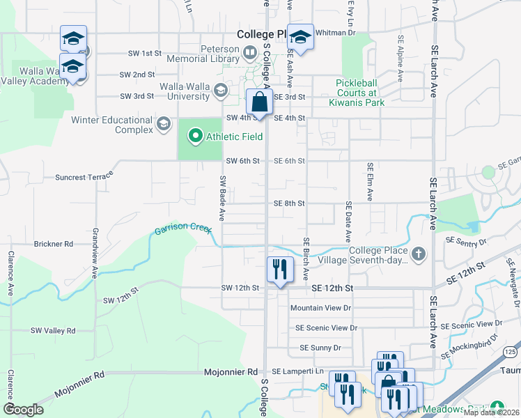 map of restaurants, bars, coffee shops, grocery stores, and more near 714 South College Avenue in College Place
