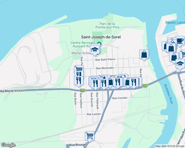 map of restaurants, bars, coffee shops, grocery stores, and more near 318 Rue Bouvier in Saint-Joseph-de-Sorel