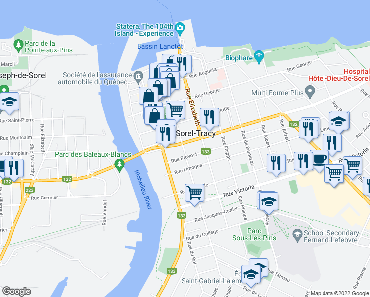 map of restaurants, bars, coffee shops, grocery stores, and more near 1277 Chemin des Patriotes in Sorel-Tracy