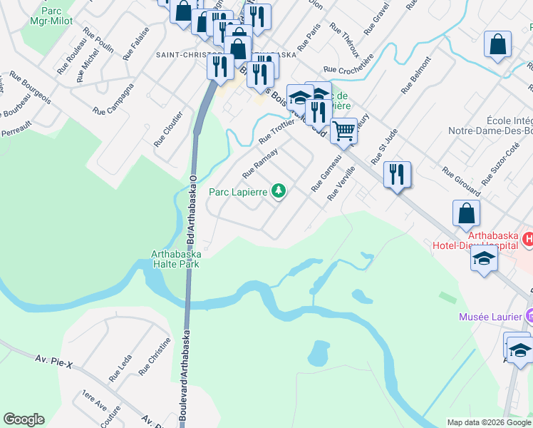 map of restaurants, bars, coffee shops, grocery stores, and more near 33 Rue Lapierre in Victoriaville