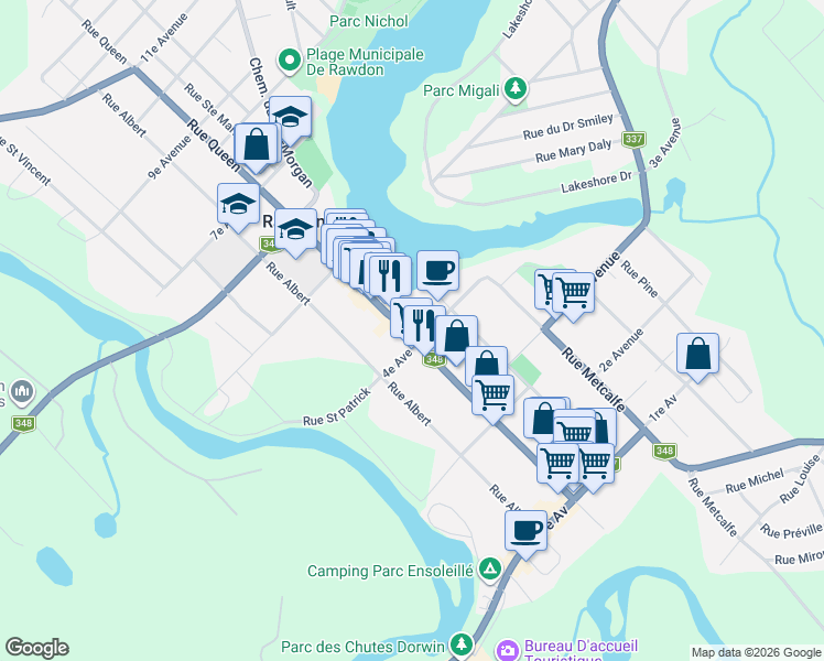 map of restaurants, bars, coffee shops, grocery stores, and more near 3622 Rue Queen in Rawdon