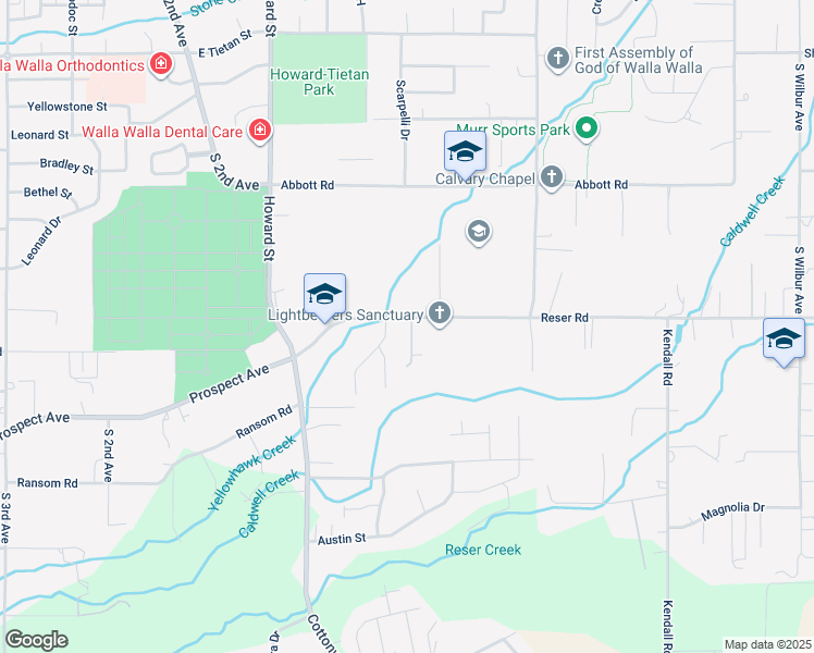 map of restaurants, bars, coffee shops, grocery stores, and more near 355 Reser Road in Walla Walla