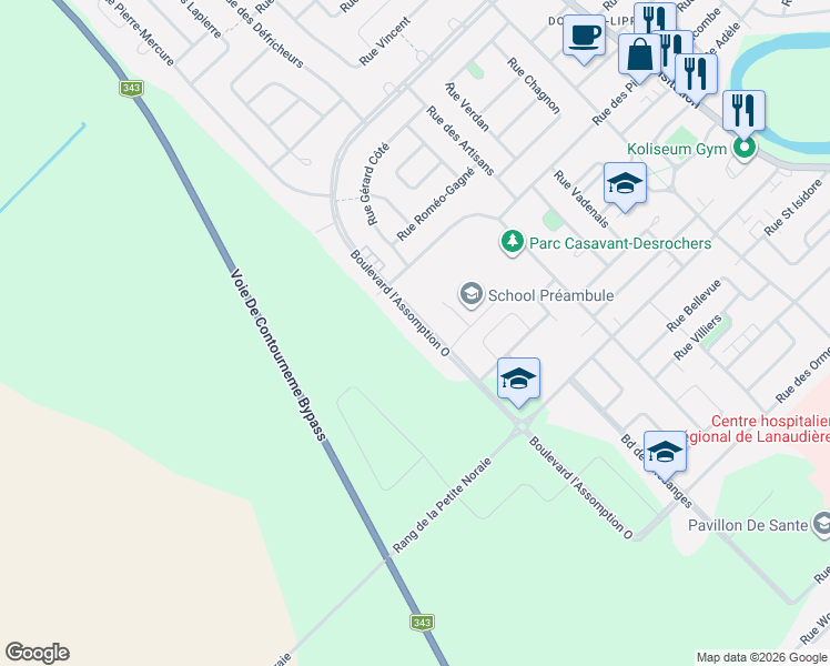 map of restaurants, bars, coffee shops, grocery stores, and more near 326 Boulevard l'Assomption Ouest in Saint-Charles-Borromée