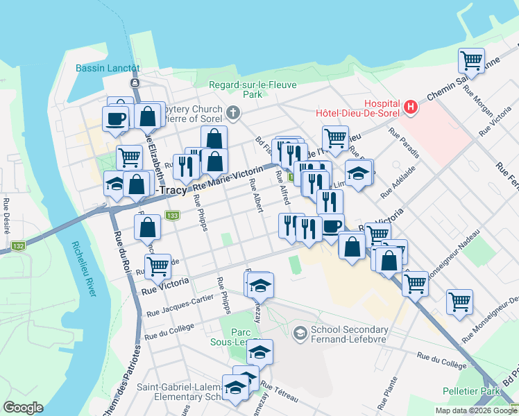 map of restaurants, bars, coffee shops, grocery stores, and more near 183 Rue Limoges in Sorel-Tracy