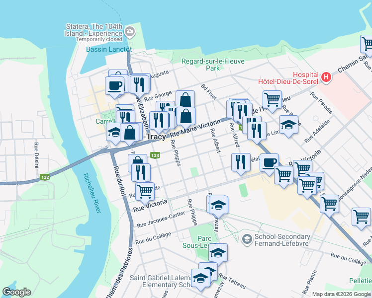 map of restaurants, bars, coffee shops, grocery stores, and more near 130 Rue Provost in Sorel-Tracy