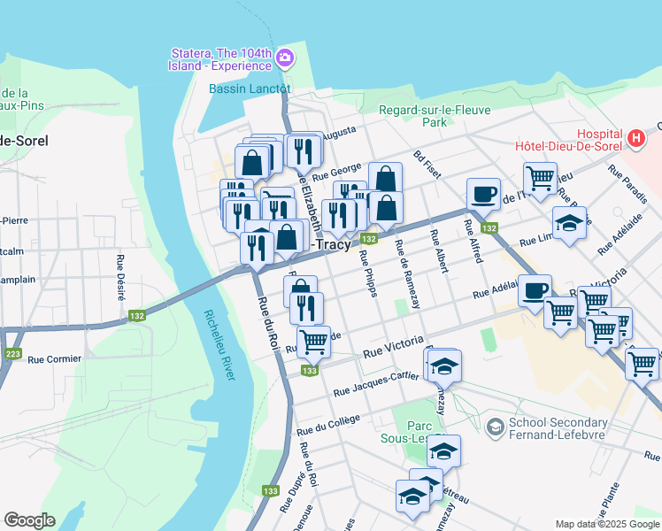 map of restaurants, bars, coffee shops, grocery stores, and more near 129 Rue Elizabeth in Sorel-Tracy