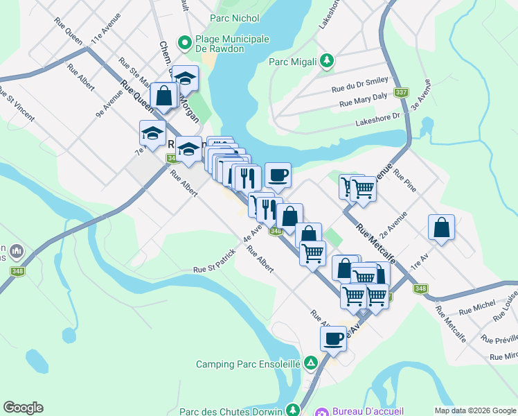 map of restaurants, bars, coffee shops, grocery stores, and more near 3622 Rue Queen in Rawdon