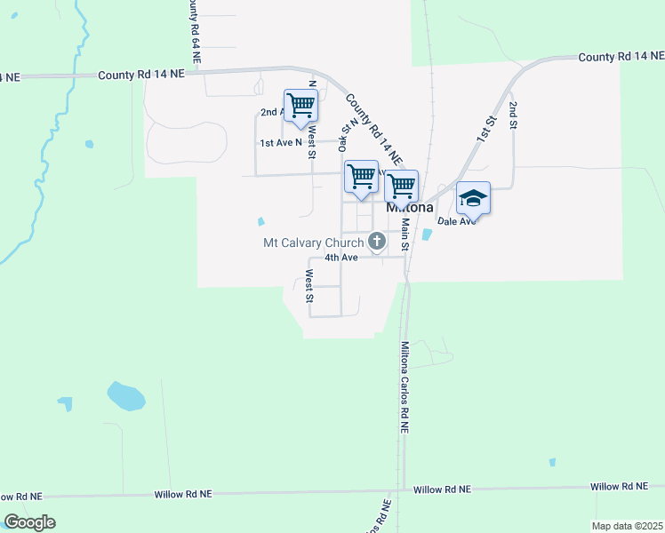 map of restaurants, bars, coffee shops, grocery stores, and more near 405 Oak Street in Miltona