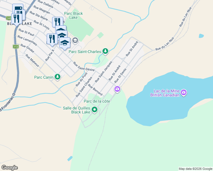 map of restaurants, bars, coffee shops, grocery stores, and more near 4224 Rue Saint André in Thetford Mines