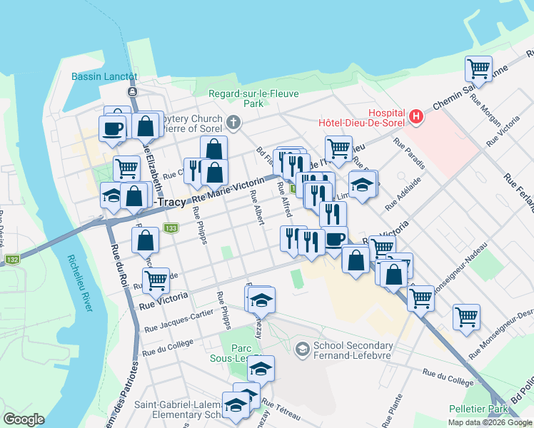 map of restaurants, bars, coffee shops, grocery stores, and more near 183 Rue Limoges in Sorel-Tracy