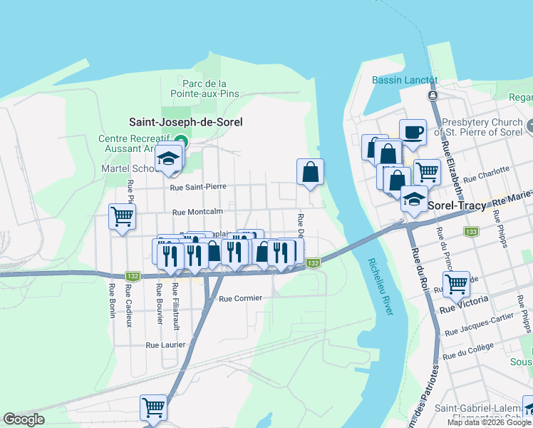 map of restaurants, bars, coffee shops, grocery stores, and more near 301 Rue Decelles in Saint-Joseph-de-Sorel