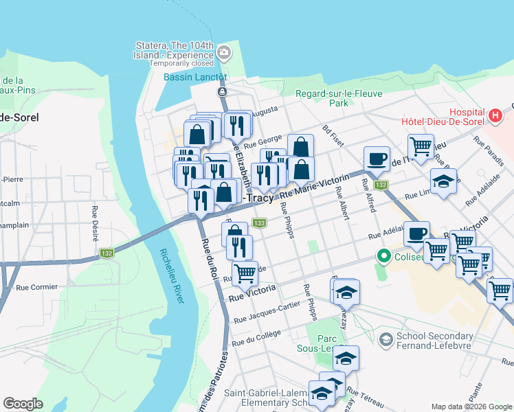 map of restaurants, bars, coffee shops, grocery stores, and more near 92 Avenue de l'Hôtel-Dieu in Sorel-Tracy