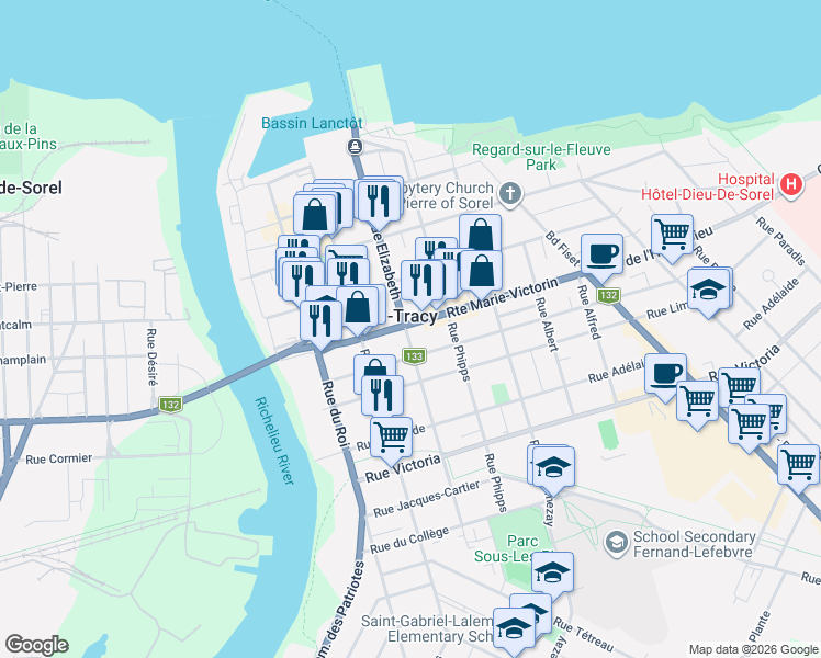 map of restaurants, bars, coffee shops, grocery stores, and more near 92 Avenue de l'Hôtel-Dieu in Sorel-Tracy