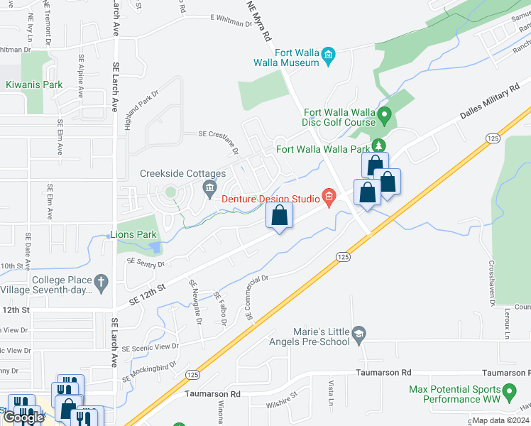 map of restaurants, bars, coffee shops, grocery stores, and more near 1149 Southeast Sentry Drive in College Place