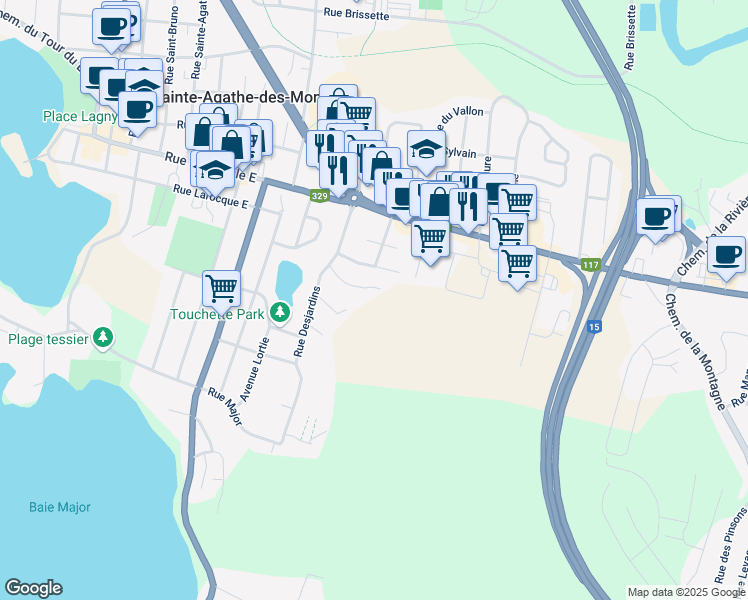 map of restaurants, bars, coffee shops, grocery stores, and more near 6 Place Desjardins in Sainte-Agathe-des-Monts