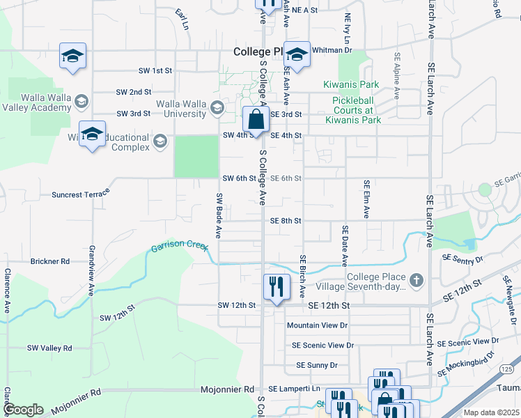 map of restaurants, bars, coffee shops, grocery stores, and more near 714 South College Avenue in College Place