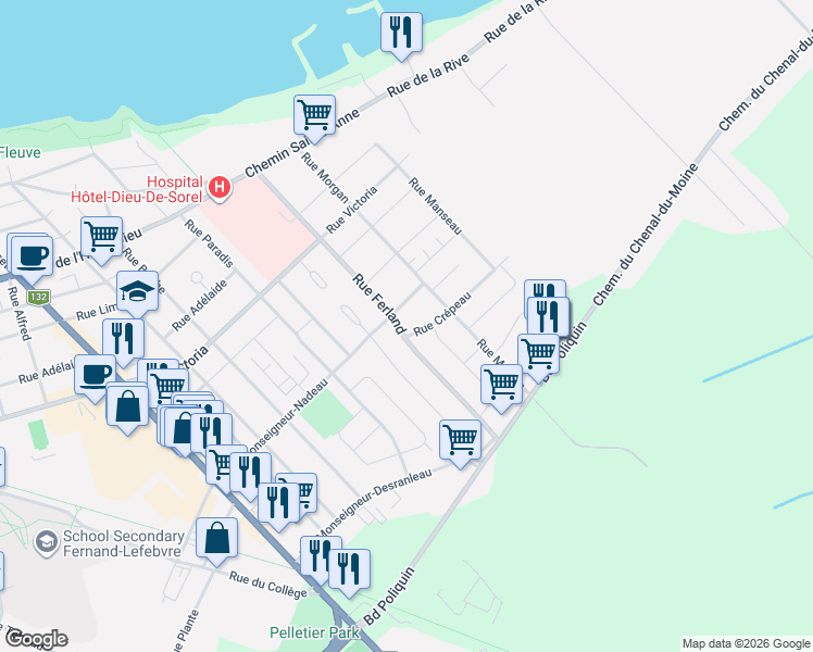 map of restaurants, bars, coffee shops, grocery stores, and more near 81 Rue Ferland in Sorel-Tracy