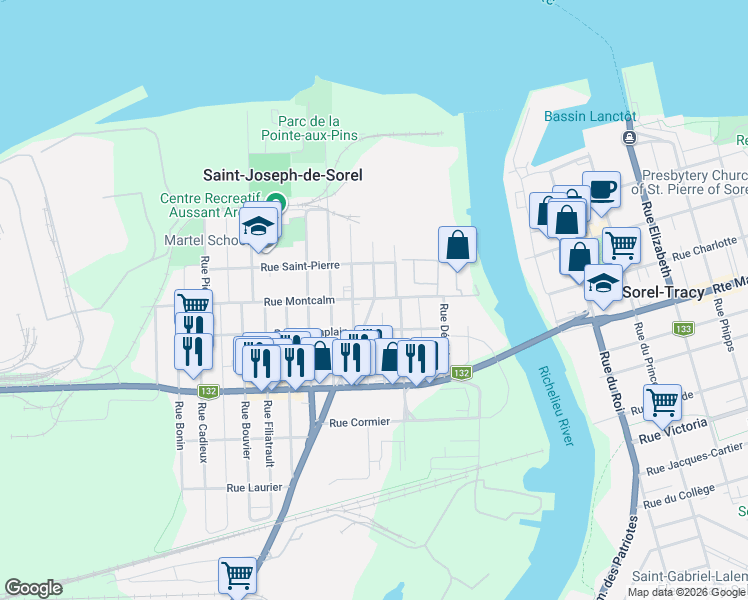 map of restaurants, bars, coffee shops, grocery stores, and more near 301 Chemin Saint-Roch in Saint-Joseph-de-Sorel
