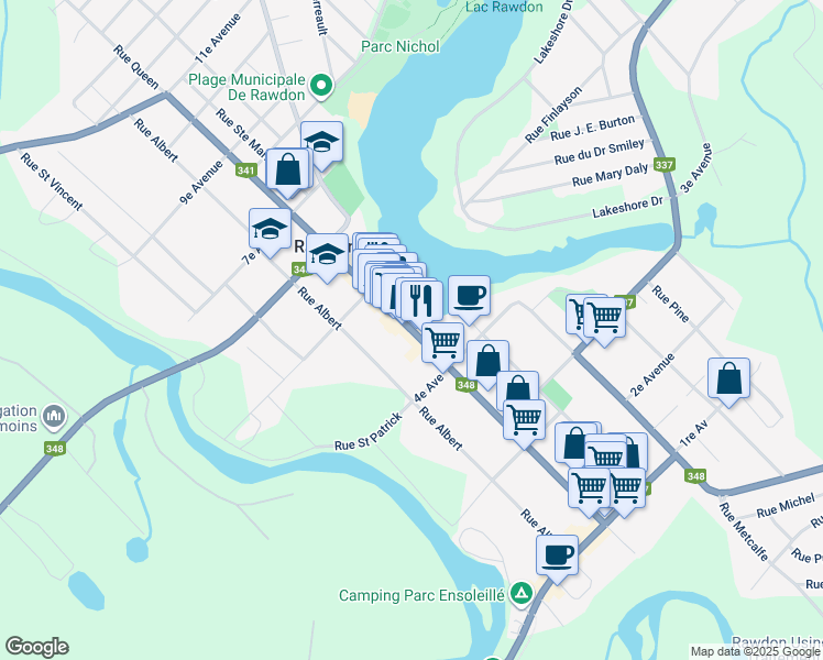 map of restaurants, bars, coffee shops, grocery stores, and more near 3646 Rue Queen in Rawdon