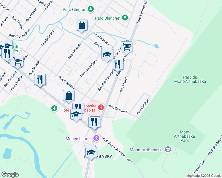 map of restaurants, bars, coffee shops, grocery stores, and more near 64 Rue Laurier Est in Victoriaville