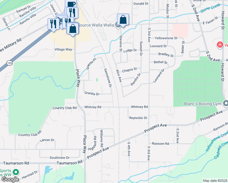 map of restaurants, bars, coffee shops, grocery stores, and more near 2176 Granite Drive in Walla Walla