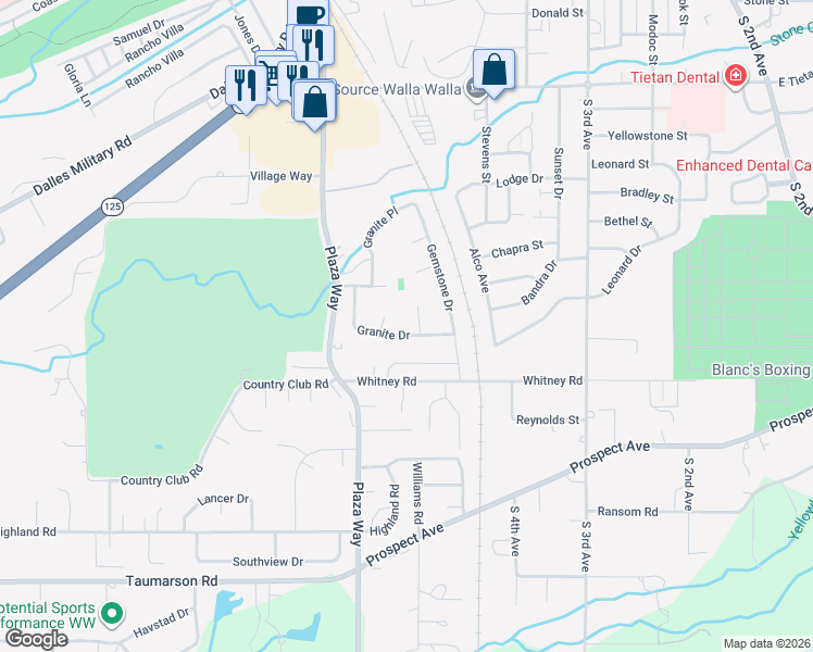 map of restaurants, bars, coffee shops, grocery stores, and more near 2164 Granite Drive in Walla Walla