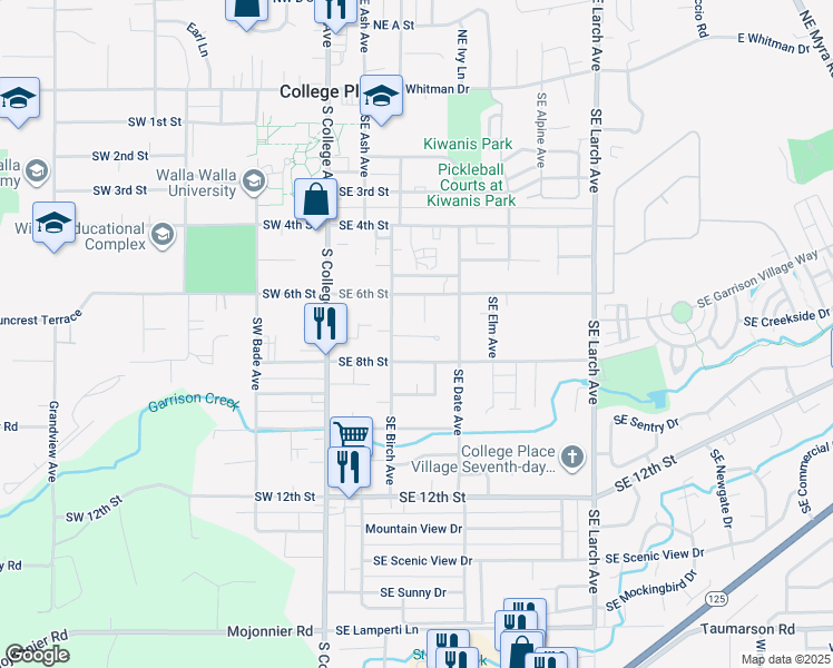 map of restaurants, bars, coffee shops, grocery stores, and more near 252 Southeast Roseville Lane in College Place