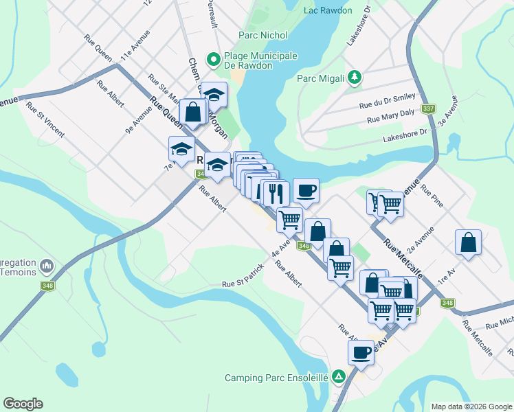 map of restaurants, bars, coffee shops, grocery stores, and more near 3667 Rue Queen in Rawdon