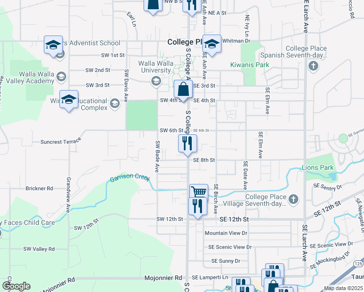 map of restaurants, bars, coffee shops, grocery stores, and more near 714 South College Avenue in College Place