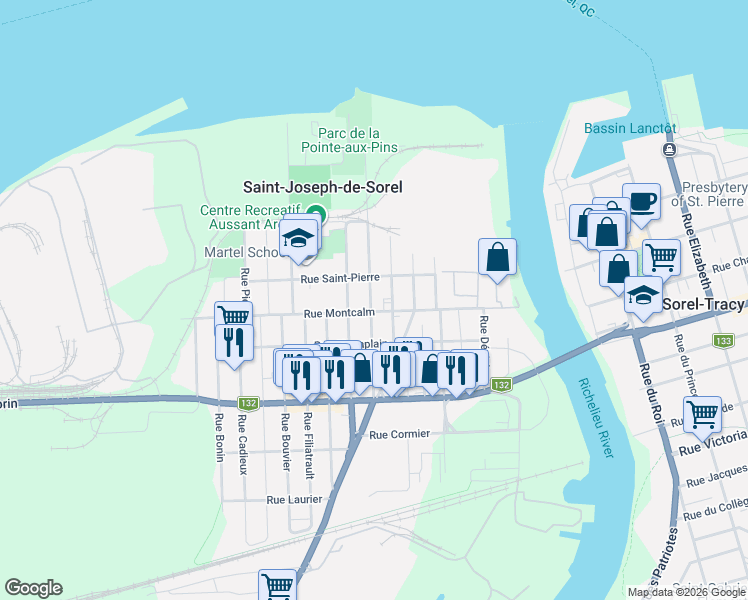 map of restaurants, bars, coffee shops, grocery stores, and more near 224 :Rue McCarthy in Saint-Joseph-de-Sorel