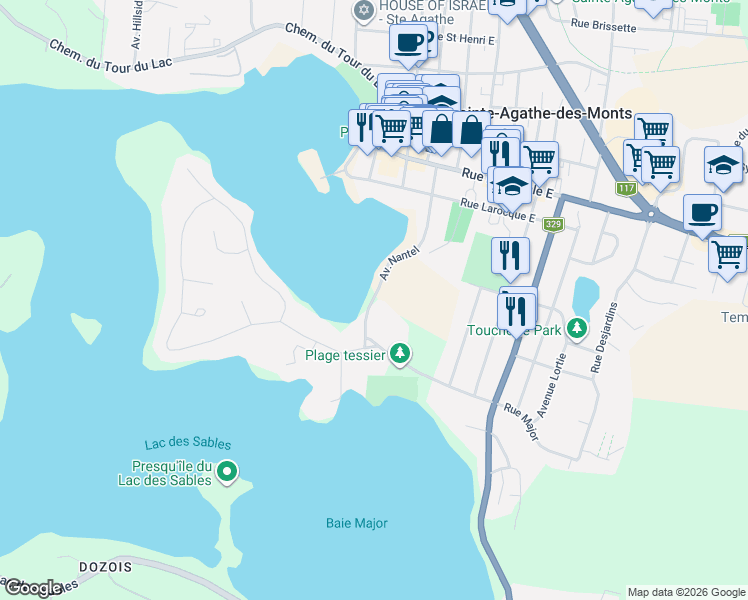 map of restaurants, bars, coffee shops, grocery stores, and more near 42-44 Avenue Nantel in Sainte-Agathe-des-Monts