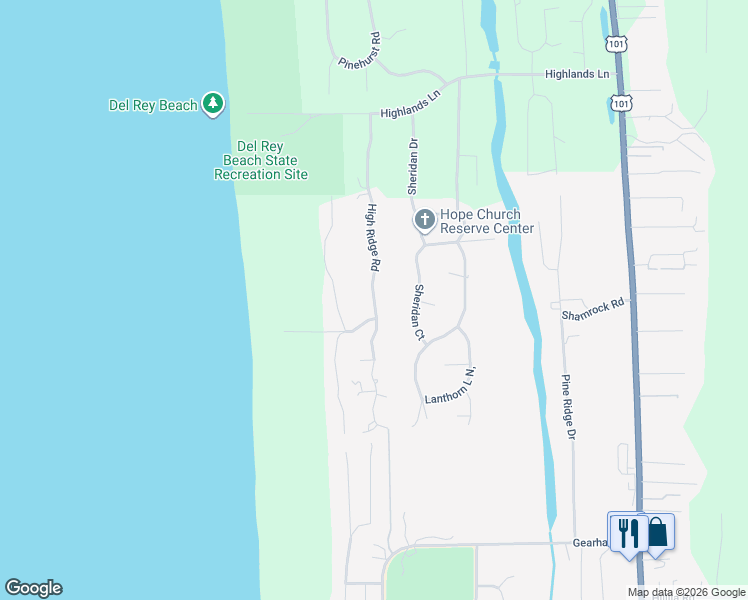 map of restaurants, bars, coffee shops, grocery stores, and more near High Ridge Road in Gearhart