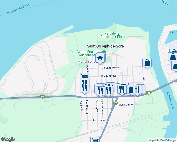 map of restaurants, bars, coffee shops, grocery stores, and more near 210 Rue Pie X in Saint-Joseph-de-Sorel