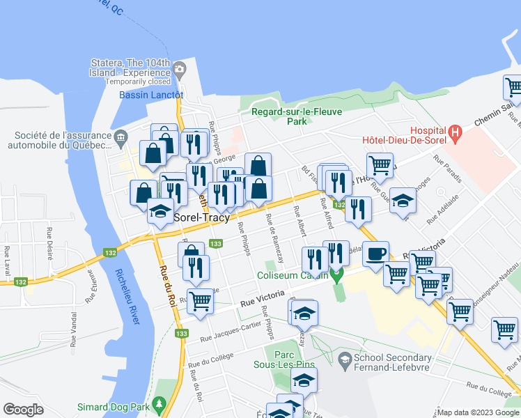 map of restaurants, bars, coffee shops, grocery stores, and more near 146 Avenue Hotel Dieu in Sorel