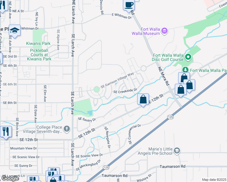 map of restaurants, bars, coffee shops, grocery stores, and more near Southeast Creekside Drive in College Place