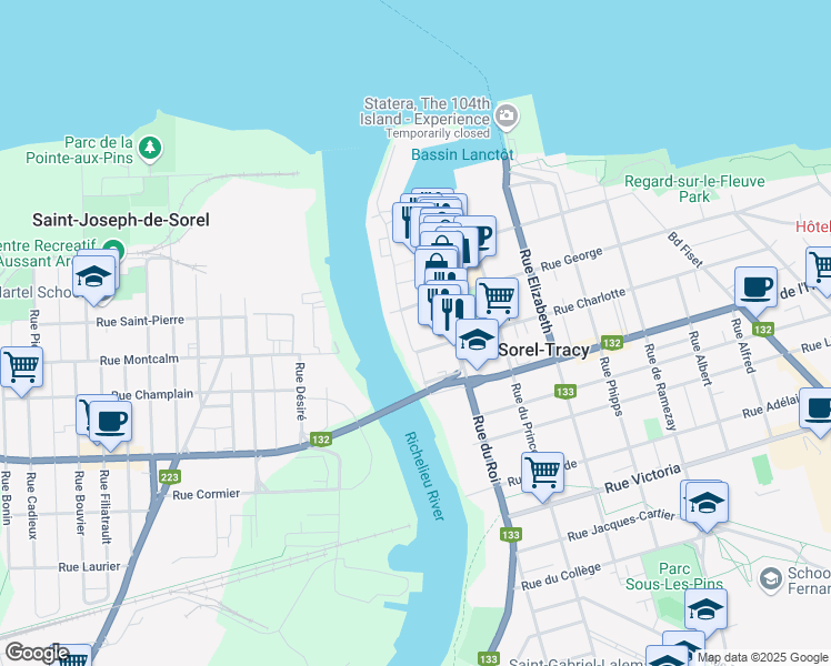 map of restaurants, bars, coffee shops, grocery stores, and more near 73 Rue de la Reine in Sorel-Tracy