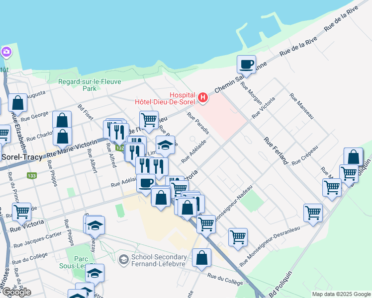 map of restaurants, bars, coffee shops, grocery stores, and more near 193 Rue Barthe in Sorel-Tracy