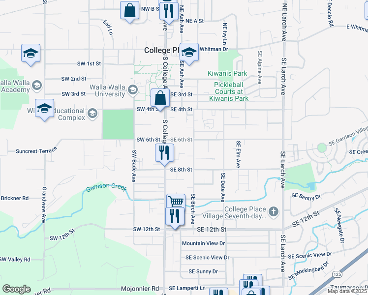map of restaurants, bars, coffee shops, grocery stores, and more near 25 Southeast 6th Street in College Place