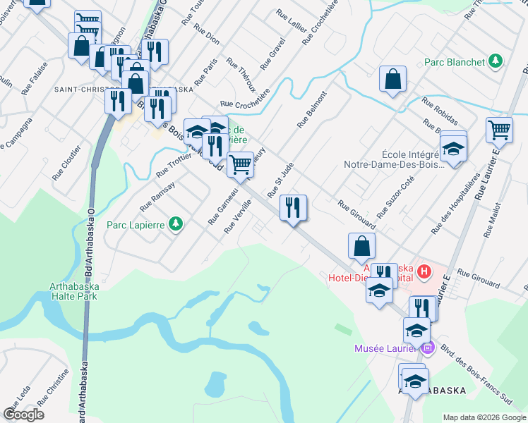 map of restaurants, bars, coffee shops, grocery stores, and more near 729 Boulevard des Bois Francs Sud in Victoriaville