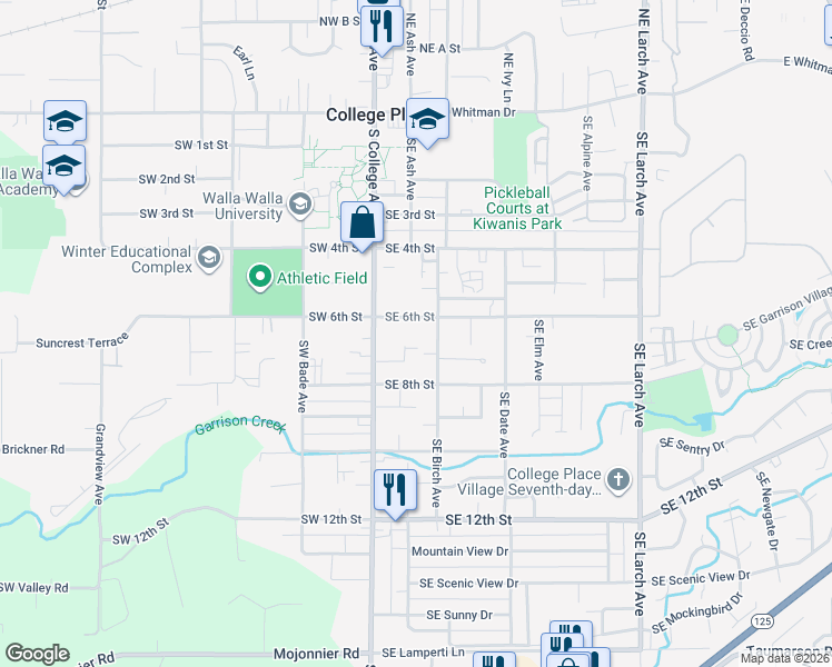 map of restaurants, bars, coffee shops, grocery stores, and more near 108-112 Southeast 6th Street in College Place