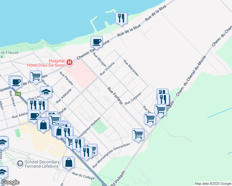 map of restaurants, bars, coffee shops, grocery stores, and more near 65 Rue Ferland in Sorel-Tracy