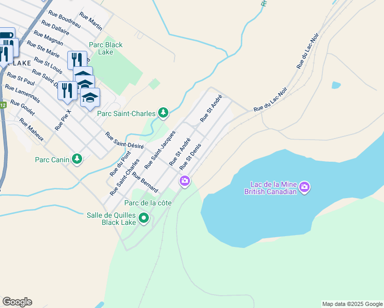 map of restaurants, bars, coffee shops, grocery stores, and more near Rue Saint Denis in Thetford Mines