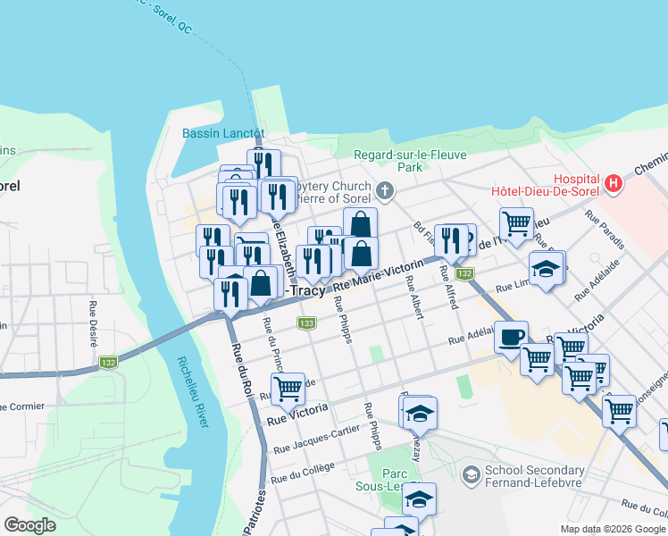 map of restaurants, bars, coffee shops, grocery stores, and more near 108 Rue Phipps in Sorel-Tracy