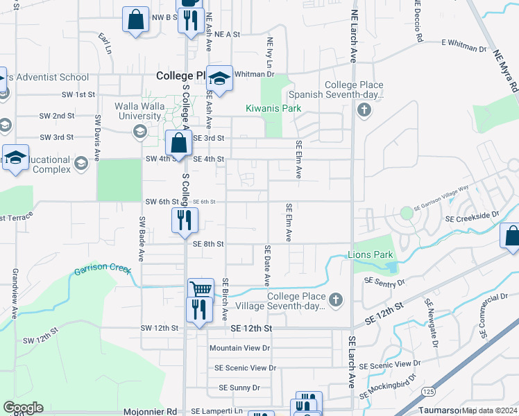 map of restaurants, bars, coffee shops, grocery stores, and more near 319 Southeast 6th Street in College Place
