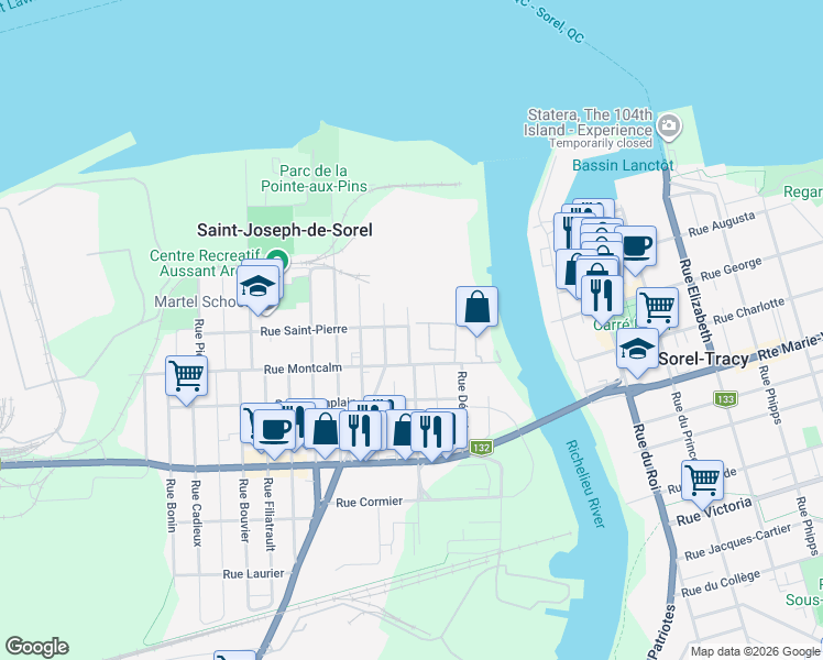 map of restaurants, bars, coffee shops, grocery stores, and more near 200 Rue Decelles in Saint-Joseph-de-Sorel