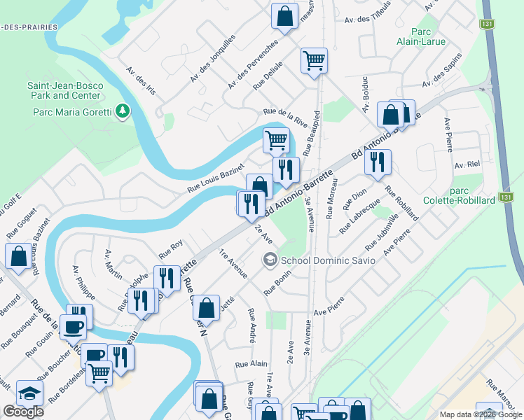 map of restaurants, bars, coffee shops, grocery stores, and more near 152 Boulevard Antonio-Barrette in Lanaudière