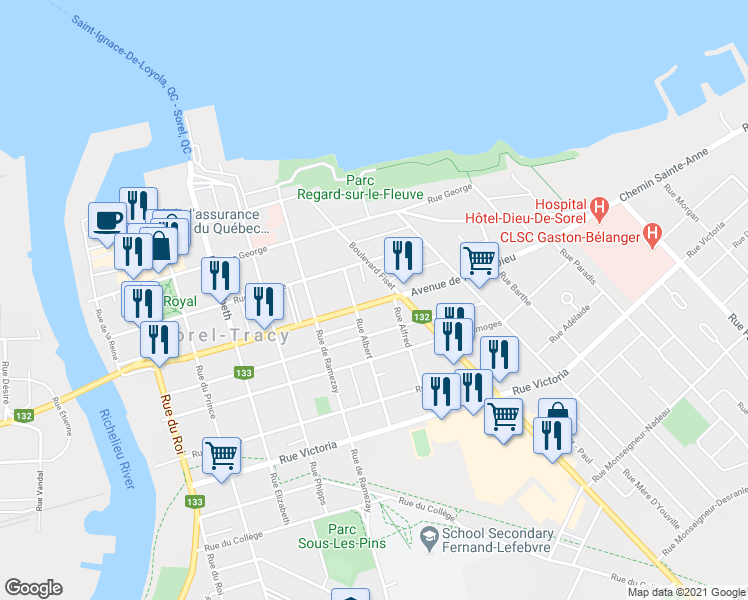 map of restaurants, bars, coffee shops, grocery stores, and more near 191 Avenue de l'Hôtel-Dieu in Sorel-Tracy